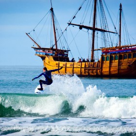 Stuart Campbell geting air in front of a Pirate ship!